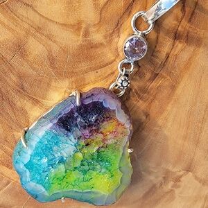 Rainbow Solar Quartz Amethyst Agate 925 Silver Plated Necklace Pendant Gemstone